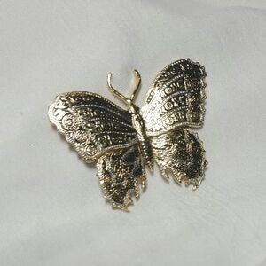 Vintage Spain Damascene Gold Silver Tone Butterfly Brooch Pin